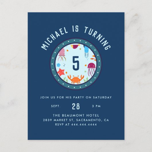 Invitation Carte Postale Sous la mer Animaux Porthole Blue Anniversaire (Devant)