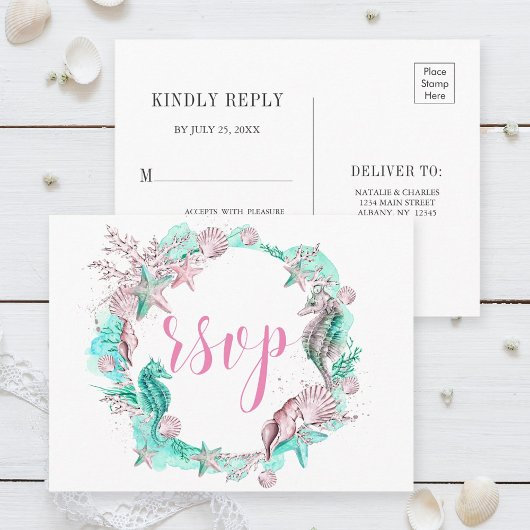 Invitation Carte Postale Sous l'eau Cyan Rose Blanc RSVP