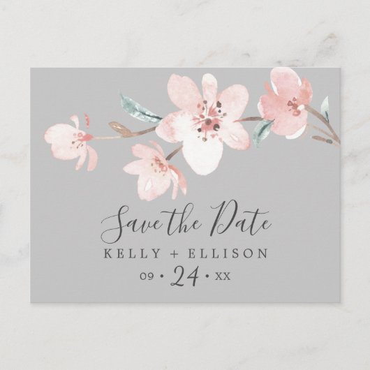 Invitation Carte Postale Spring Cherry Blossom Grey Enregistrer la date Car (Devant)