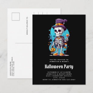 Invitation Carte Postale Squelette cool dans un Halloween de chapeau haut d