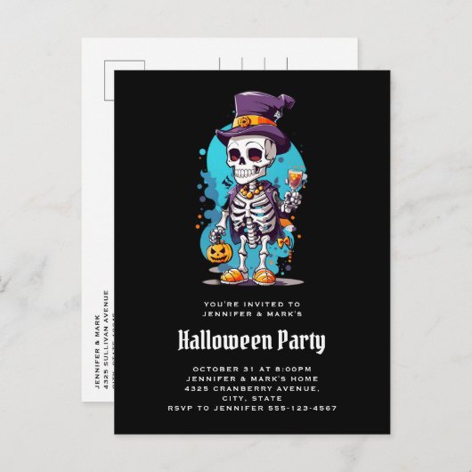 Invitation Carte Postale Squelette cool dans un Halloween de chapeau haut d (Devant / Derrière)