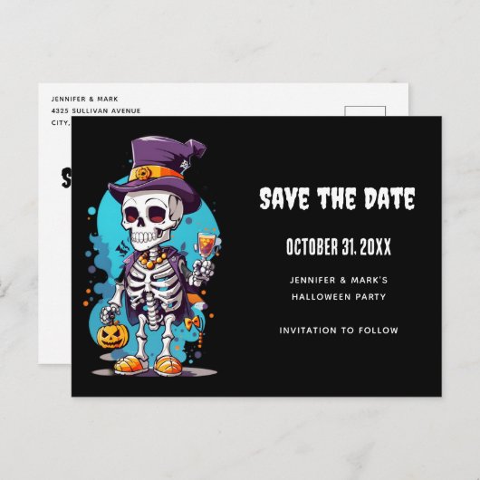 Invitation Carte Postale Squelette cool dans un Top Halloween Enregistrer l (Devant / Derrière)