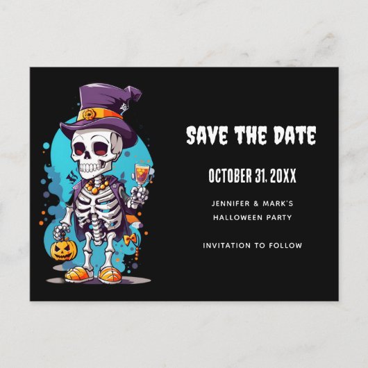 Invitation Carte Postale Squelette cool dans un Top Halloween Enregistrer l (Devant)