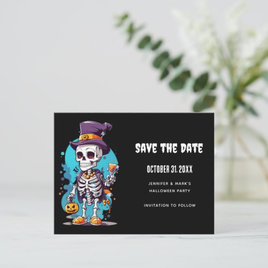 Invitation Carte Postale Squelette cool dans un Top Halloween Enregistrer l (Debout devant)