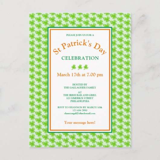 Invitation Carte Postale St Patrick's Day Green Shamrock Party (Devant)