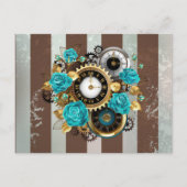 Invitation Carte Postale Steampunk Clock and Turquoise Roses on Striped (Devant)