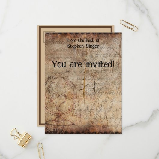Invitation Carte Postale Steampunk Globe Travel Journal Papier (Devant/Arrière en situation)