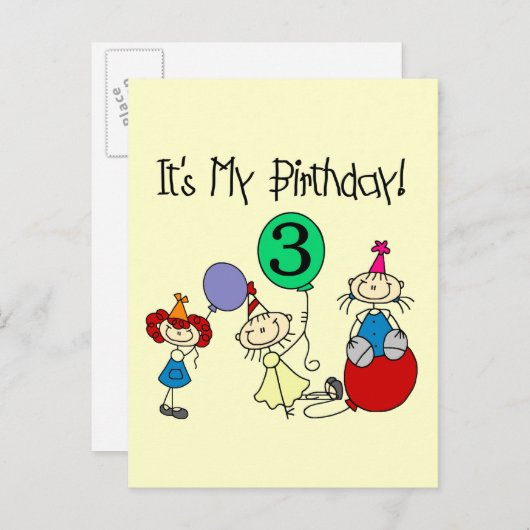 Invitation Carte Postale Stick Kids Party 3ème anniversaire Tshirts et cade (Devant / Derrière)