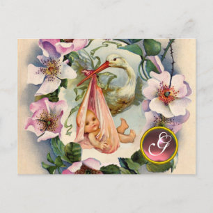 INVITATION CARTE POSTALE STORK BABY SHOWER FILLE, ROSE ROSES SAUVAGE MONOGR