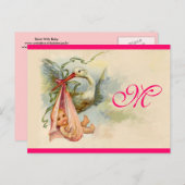 INVITATION CARTE POSTALE STORK BÉBÉ FILLE DOUCHE 2 (Devant / Derrière)