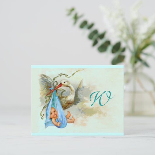 INVITATION CARTE POSTALE STORK BÉBÉ GARÇON DOUCHE 2 (Debout devant)