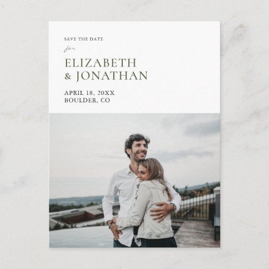 Invitation Carte Postale Stylish Green Typography Photo Enregistrer la date (Devant)