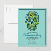 Invitation Carte Postale Sugar Skull Aqua Blue Halloween Party (Devant / Derrière)