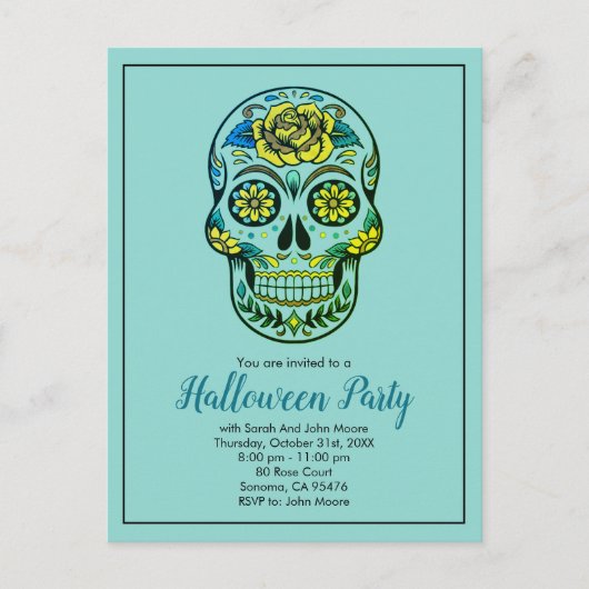 Invitation Carte Postale Sugar Skull Aqua Blue Halloween Party (Devant)