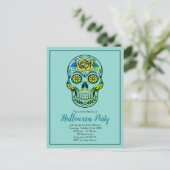 Invitation Carte Postale Sugar Skull Aqua Blue Halloween Party (Debout devant)