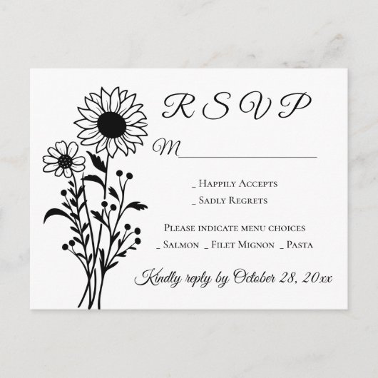 Invitation Carte Postale Sunflower Country Floral Noir Blanc Mariage RSVP (Devant)