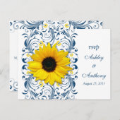 Invitation Carte Postale Sunflower Navy Bleu Blanc Floral Mariage Rsvp (Devant / Derrière)