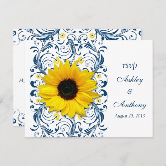 Invitation Carte Postale Sunflower Navy Bleu Blanc Floral Mariage Rsvp (Devant / Derrière)