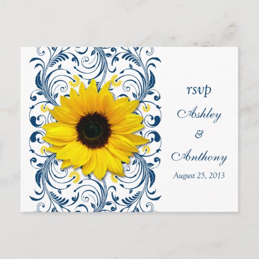 Invitation Carte Postale Sunflower Navy Bleu Blanc Floral Mariage Rsvp (Devant)