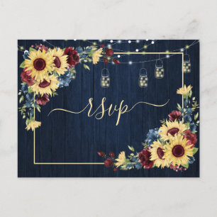 Invitation Carte Postale Sunflower Navy Bleu Bourgogne Bois Floral RSVP