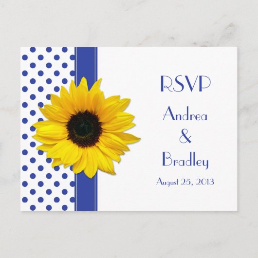 Invitation Carte Postale Sunflower Royal Bleu Polka Blanc Mariage au point (Devant)
