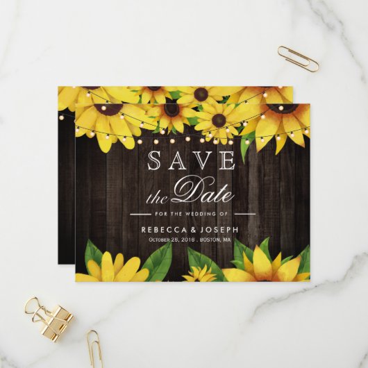 Invitation Carte Postale Sunflower Wood String Lumières Mariage Enregistrer (Devant/Arrière en situation)