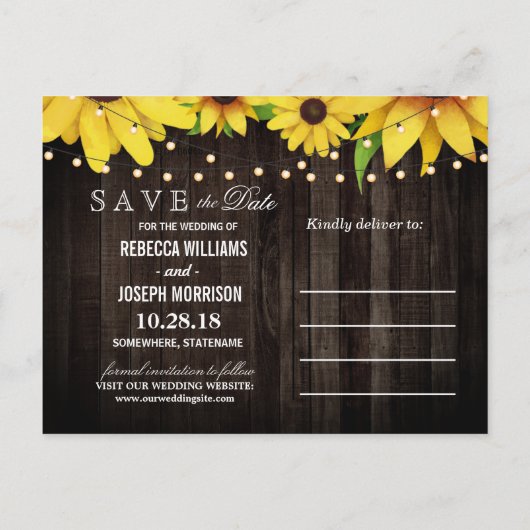 Invitation Carte Postale Sunflower Wood String Lumières Mariage Enregistrer (Dos)