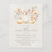 Invitation Carte Postale SURPRISE PARTY 25e Citrouille blanc Leaves automna (Devant)
