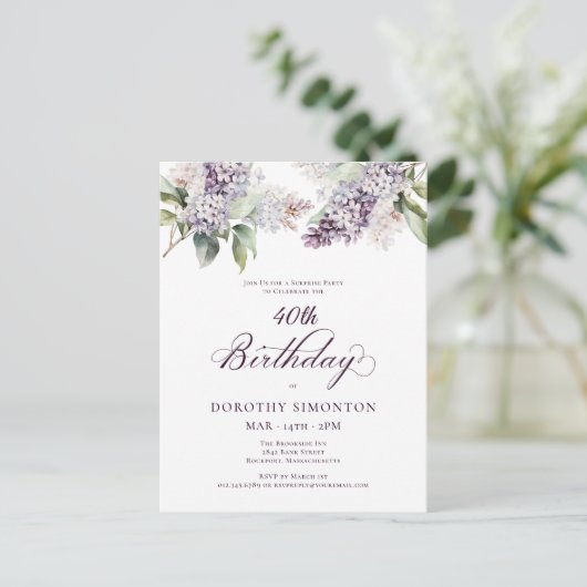 Invitation Carte Postale SURPRISE PARTY 40e anniversaire Purple Lilac Flora (Debout devant)