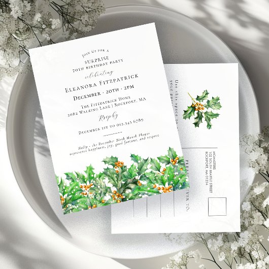 Invitation Carte Postale SURPRISE PARTY 70th Birthday December Birth Flower