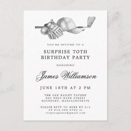 Invitation Carte Postale SURPRISE Party 70th Birthday Golf Theme (Devant)
