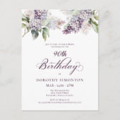 Invitation Carte Postale SURPRISE PARTY 90e anniversaire Purple Lilac Flora (Devant)