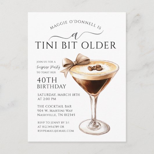 Invitation Carte Postale SURPRISE PARTY Tini Bit Ancien Martini 40e (Devant)