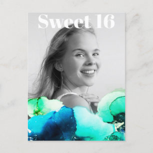 Invitation Carte Postale *~* Sweet 16 Anniversaire Photo Green Navy Mint AP