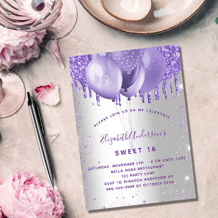 Invitation Carte Postale Sweet 16 ballons à parties scintillant violet arge