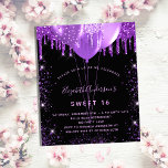 Invitation Carte Postale Sweet 16 ballons de parties scintillant violet noi<br><div class="desc">Pour un élégant Sweet 16, 16e anniversaire. Un arrière - plan noir élégant. Décoré de faux parties scintillant violet et de ballons. Personnalisez et ajoutez un nom, un âge et des détails de la fête. Le nom est écrit avec un script de style écrit à la main Retour : design...</div>