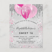 Invitation Carte Postale Sweet 16 Birthday silver pink glitter (Devant)