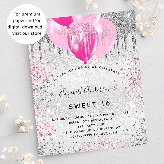 Invitation Carte Postale Sweet 16 Birthday silver pink glitter