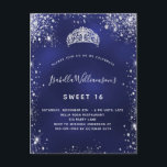 Invitation Carte Postale Sweet 16 bleu argent parties scintillant poussière<br><div class="desc">Pour un élégant Sweet 16, 16e anniversaire. Couleur arrière - plan bleue, la couleur bleue est inégale. Décoré avec de la poussière de parties scintillant en faux argent et une tiare, couronne. Personnalisez et ajoutez un nom, un âge et des détails de la fête. Le nom est écrit avec un...</div>