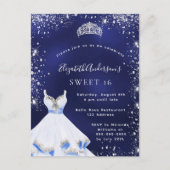 Invitation Carte Postale Sweet 16 bleu argent robe parties scintillant tiar (Devant)