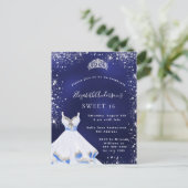 Invitation Carte Postale Sweet 16 bleu argent robe parties scintillant tiar (Debout devant)