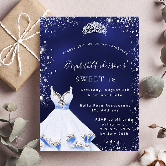 Invitation Carte Postale Sweet 16 bleu argent robe parties scintillant tiar