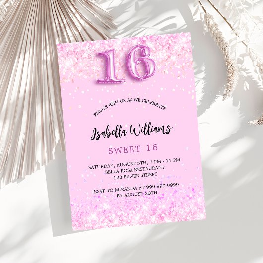 Invitation Carte Postale Sweet 16 confetti rose fête fille