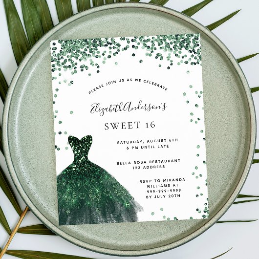 Invitation Carte Postale Sweet 16 couleur vert émeraude parties scintillant