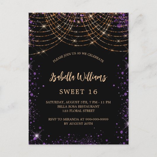 Invitation Carte Postale Sweet 16 noir violet parties scintillant or glamou (Devant)