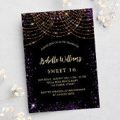 Invitation Carte Postale Sweet 16 noir violet parties scintillant or glamou
