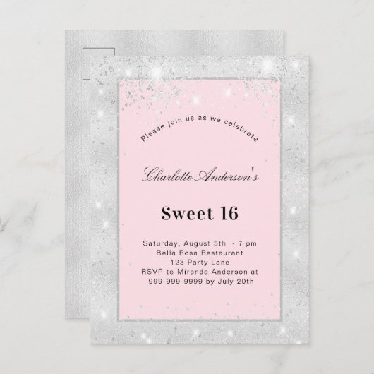 Invitation Carte Postale Sweet 16 parties scintillant argent rose pâle (Devant / Derrière)