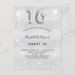 Invitation Carte Postale Sweet 16 parties scintillant métallique argent gla