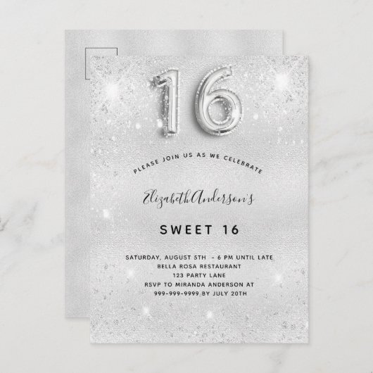 Invitation Carte Postale Sweet 16 parties scintillant métallique argent gla (Devant / Derrière)