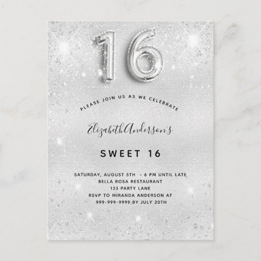 Invitation Carte Postale Sweet 16 parties scintillant métallique argent gla (Devant)